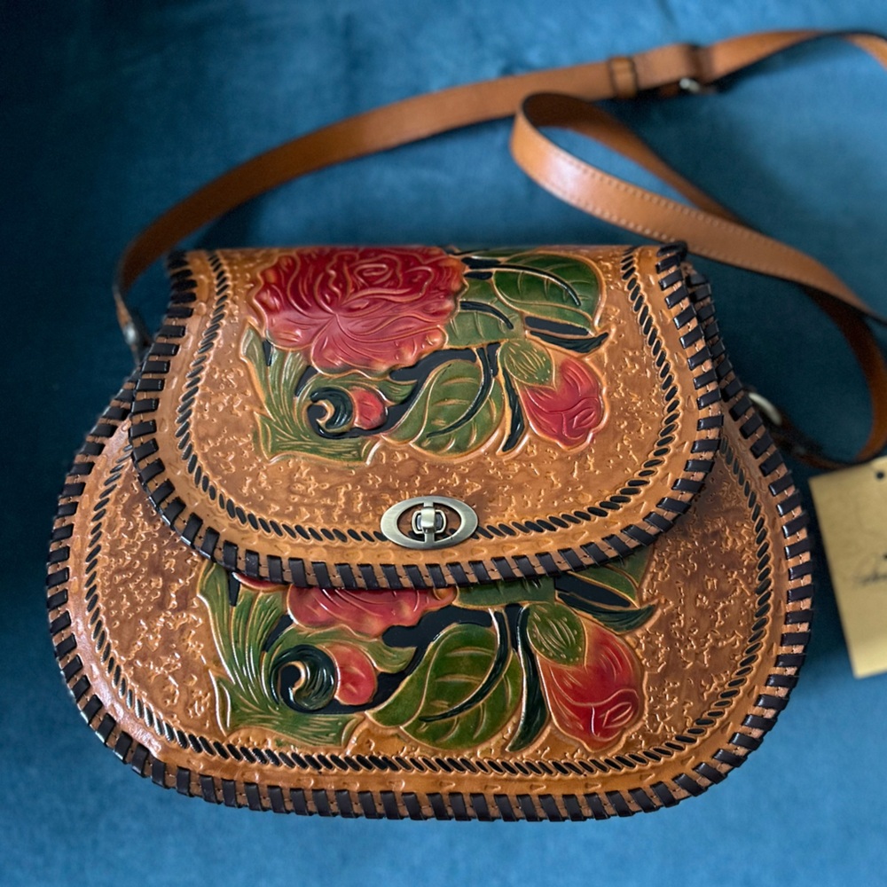 Patricia Nash Arezzo Tan Leather Crossbody with Floral Design
